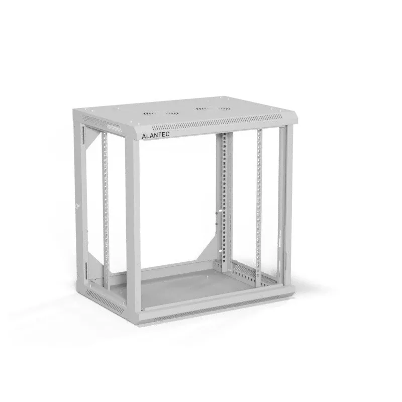Naścienna szafa 19-calowa Alantec 12U 600x450 mm, pojedyncze szklane drzwi, zdejmowane pełne panele tylne i boczne, zamykana, 4 szyny montażowe, szary, płaski montaż