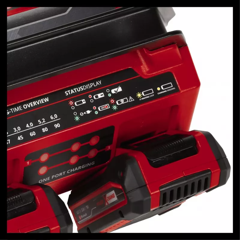 EINHELL Power X-Quattrocharger 4A - Uniwersalna ładowarka Power X-Change odpowiednia dla 4 akumulatorów (wskaźnik stanu LED | ładowanie równoległe | szybkie ładowanie | zarządzanie ładowaniem | Re