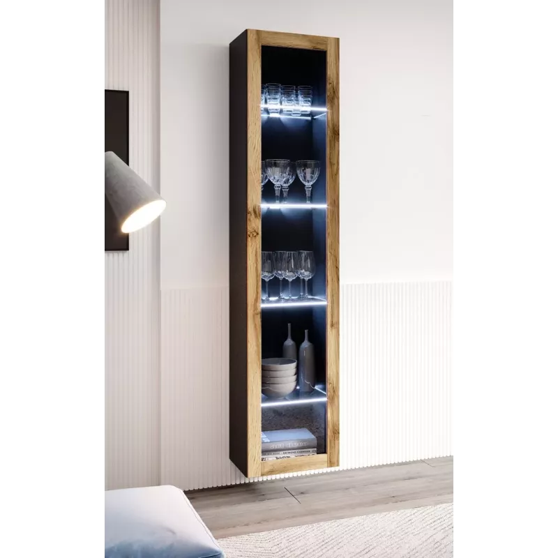 Gablota Cama Meble VIGO 180 wisząca witryna szklana 1800×400×300 mm czarny/dąb wotan