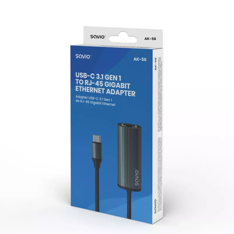 SAVIO Adapter USB-C 3.1 Gen.1 (M) na RJ-45 Gigabit Ethernet (F), 1000 Mbps, AK-56, szary