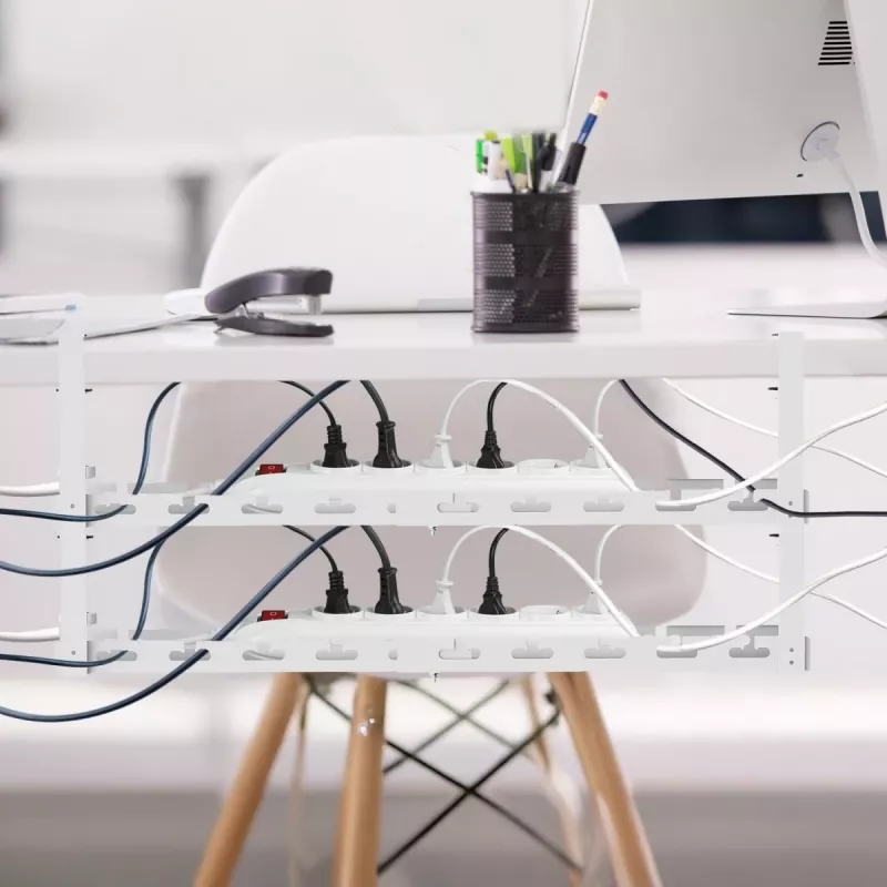 Organizator kabli pod biurko MACLEAN MC-102W — stalowy uchwyt podblatowy, regulowana długość, pasuje do biurek o grubości 0,5–5 cm, obciążenie 5 kg, biały