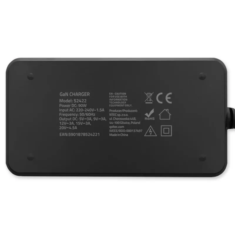 Qoltec 90W GaN Super Fast SLIM Ładowarka ścienna | XP | 5-20V | 4,5A | USB-C 3.1 | Laptop | MacBook | Smartfon | + kabel