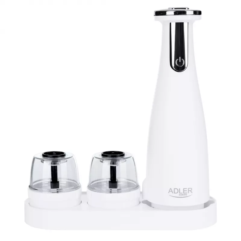 Zestaw młynków do soli i pieprzu Adler AD 4449W Steel biały, ceramiczny żarna, 150 ml, ładowanie USB-C