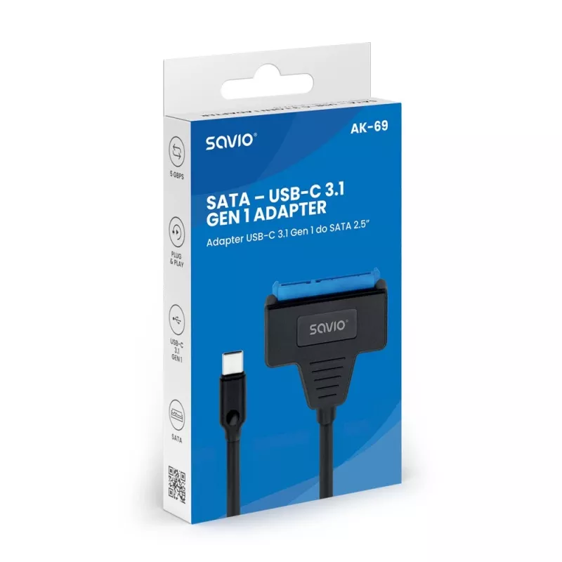 SAVIO SATA na USB-C kabel interfejsu AK-69, SATA żeński na USB-C męski, USB 3.2 Gen 1 (5 Gbit/s), 0,25 m, czarny