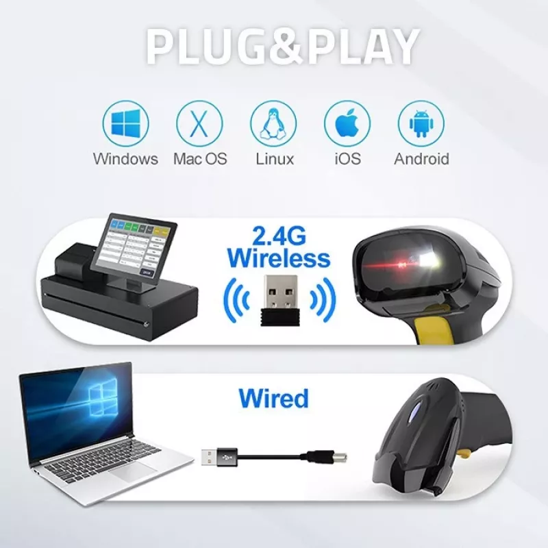 Bezprzewodowy skaner kodów kreskowych QOLTEC 50856 — ręczny, przewodowo-bezprzewodowy, 1D i 2D, interfejs USB, obudowa ABS, 170×62×100 mm, 203 g