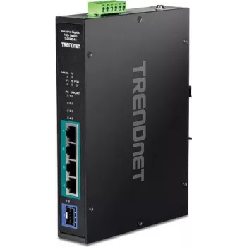 TRENDnet TI-PGM541 – przełącznik – -20°C – 65°C (-4°F – 149°F) – 4 x 10/100/1000 (PoE+) + 1 x Gigabit SFP – montaż na szynie DIN, montaż na ścianie – PoE+ (120 W) – DC