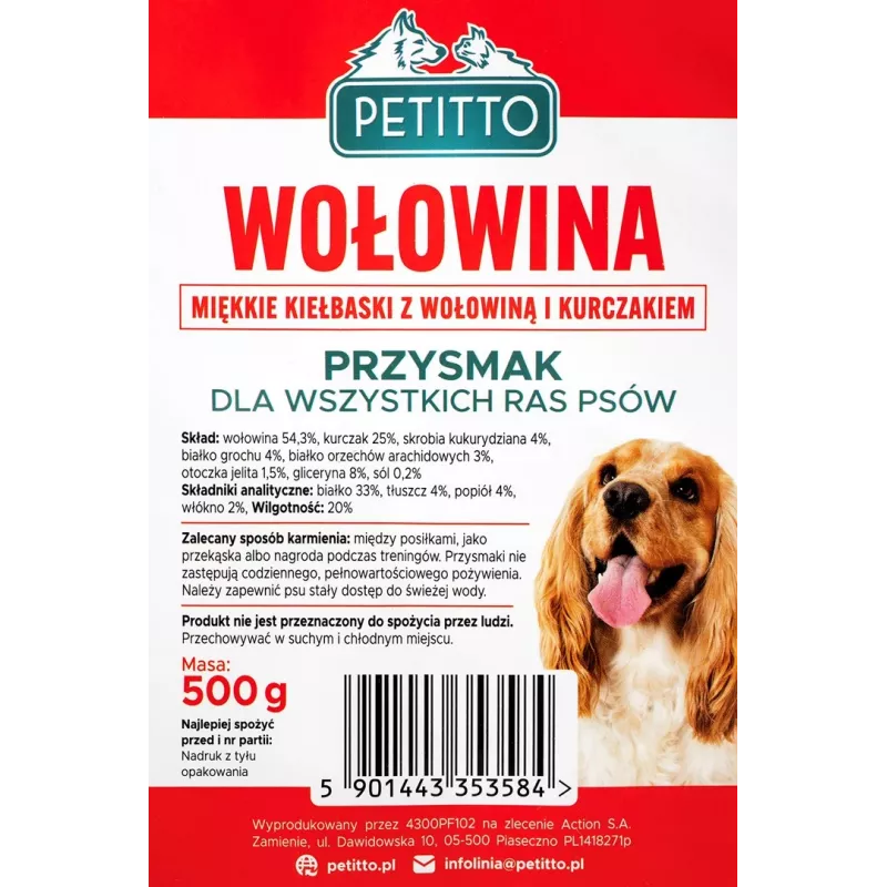 Przysmaki dla psa PETITTO Miękkie kiełbaski wołowe 500 g — miękkie przekąski treningowe, 33% białka, 4% tłuszczu, bezglutenowe i bezcukrowe