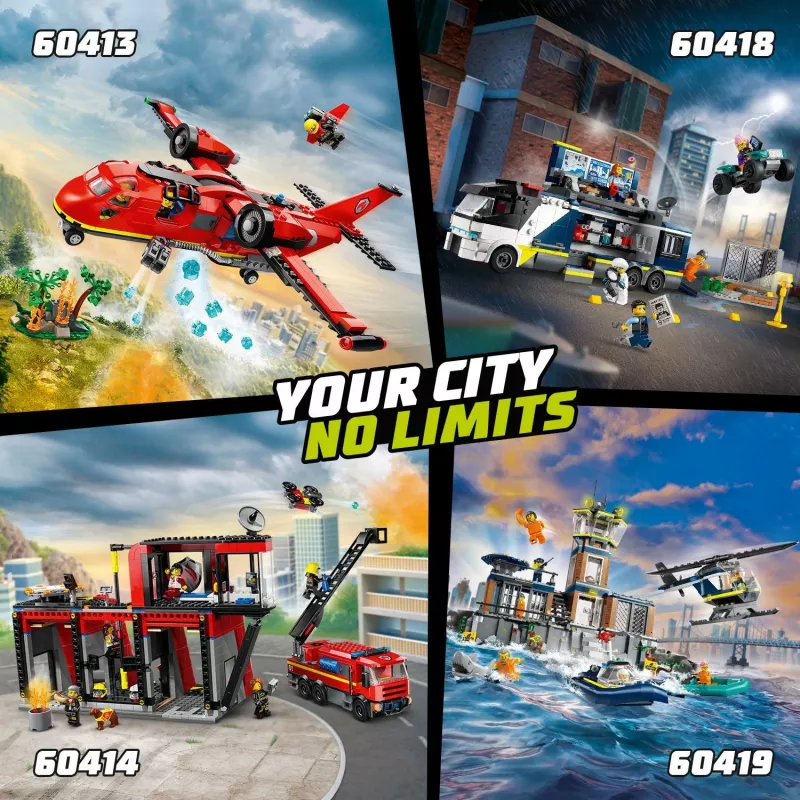 Zabawka konstrukcyjna LEGO City Remiza strażacka z pojazdem z drabiną obrotową 60414 — 843 elementy, 5 minifigurek, 220×320×140 mm