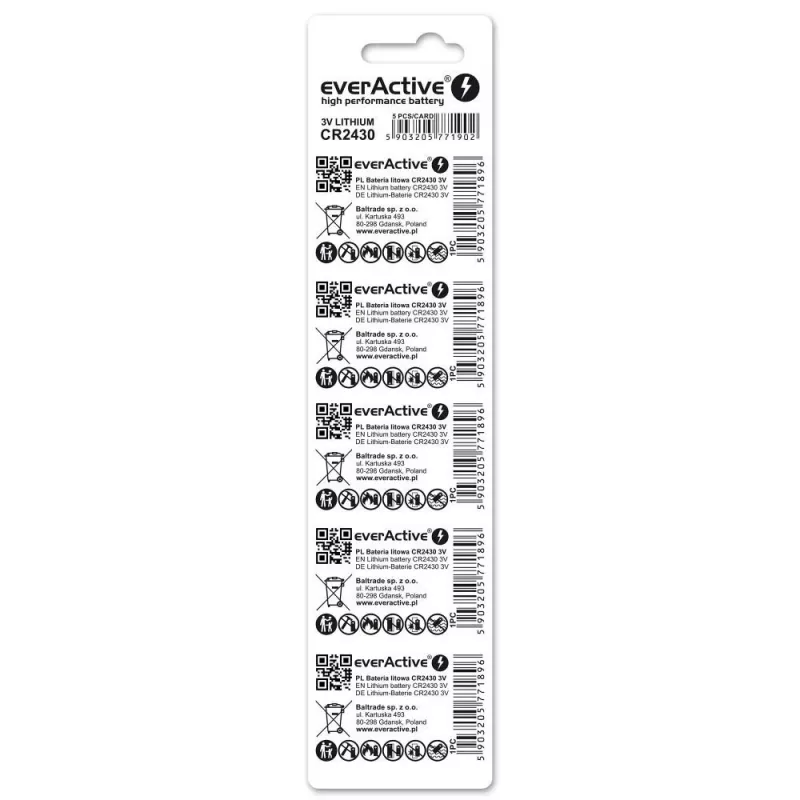 Bateria pastylkowa everActive CR2430 litowa 3 V, 24,5 mm × 3 mm, 5 szt.