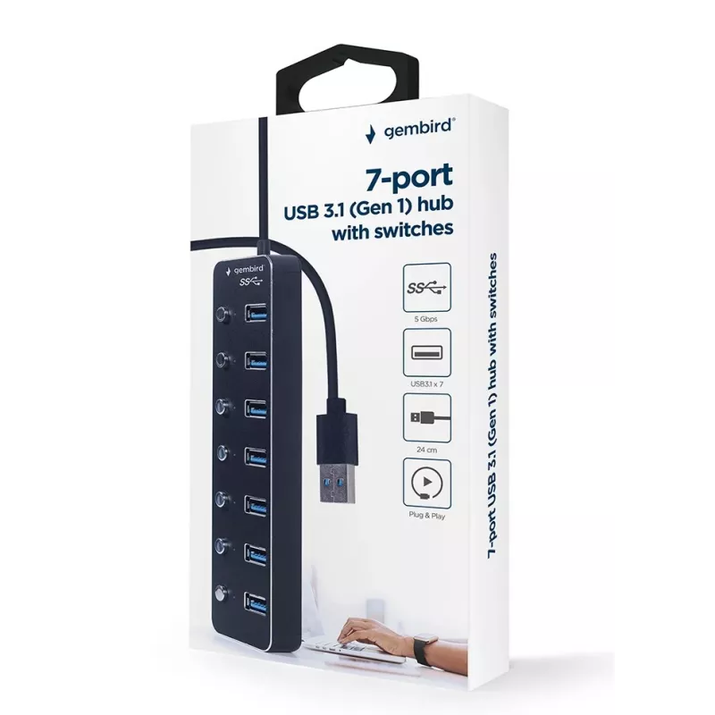 Koncentrator USB Gembird UHB-U3P7P-01, 7-portowy USB 3.2 Gen 1 (Type-A), kabel 0,24 m, czarny