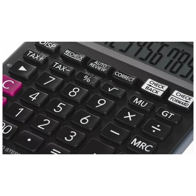 Kalkulator biurkowy CASIO MJ-120D PLUS — podstawowy 12-cyfrowy, bateria/słoneczny, 35 klawiszy, podatek i pierwiastek kwadratowy, czarny
