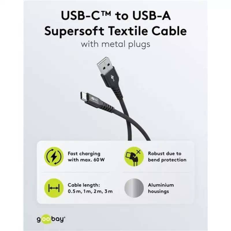 Przewód USB Goobay USB-C Fabric Supersoft z metalowymi złączami, 2 m, czarny (2m, USB 2.0, 60W), kabel USB