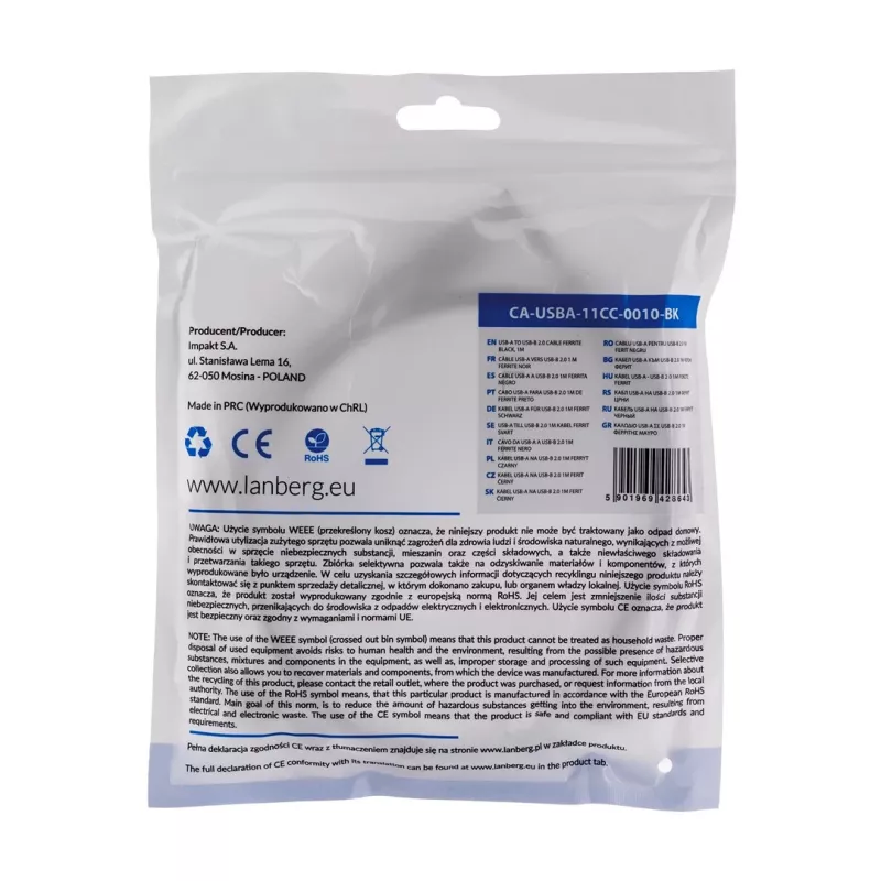 Lanberg CA-USBA-11CC-0010-BK Kabel USB 1 m 2.0 USB B Czarny