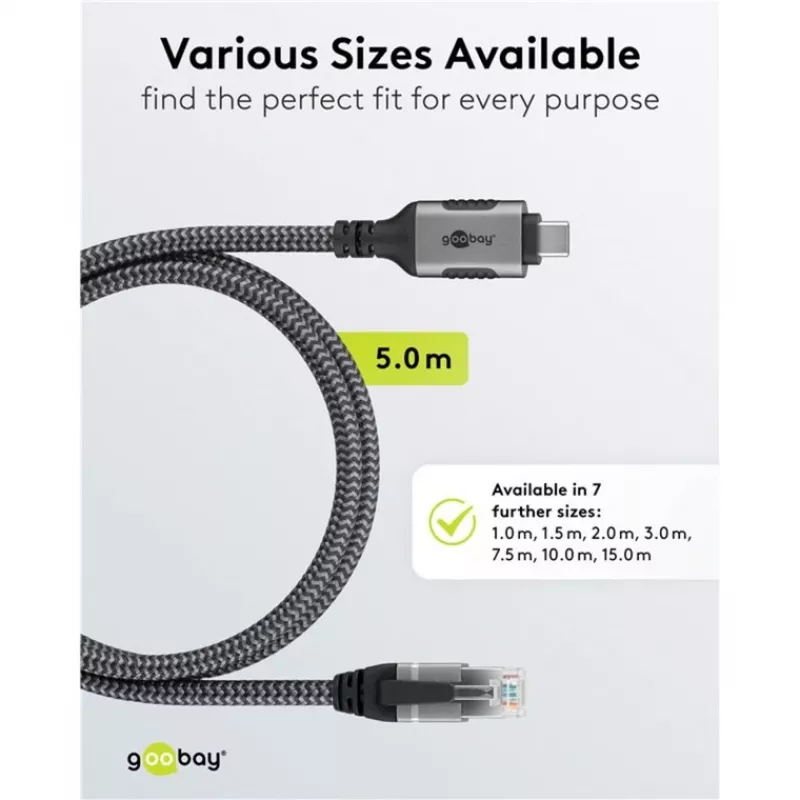 Kabel Ethernet USB-C 3.2 Gen2 wtyczka > wtyczka RJ-45 (czarny/srebrny, 5 metrów, pleciona osłona tekstylna)