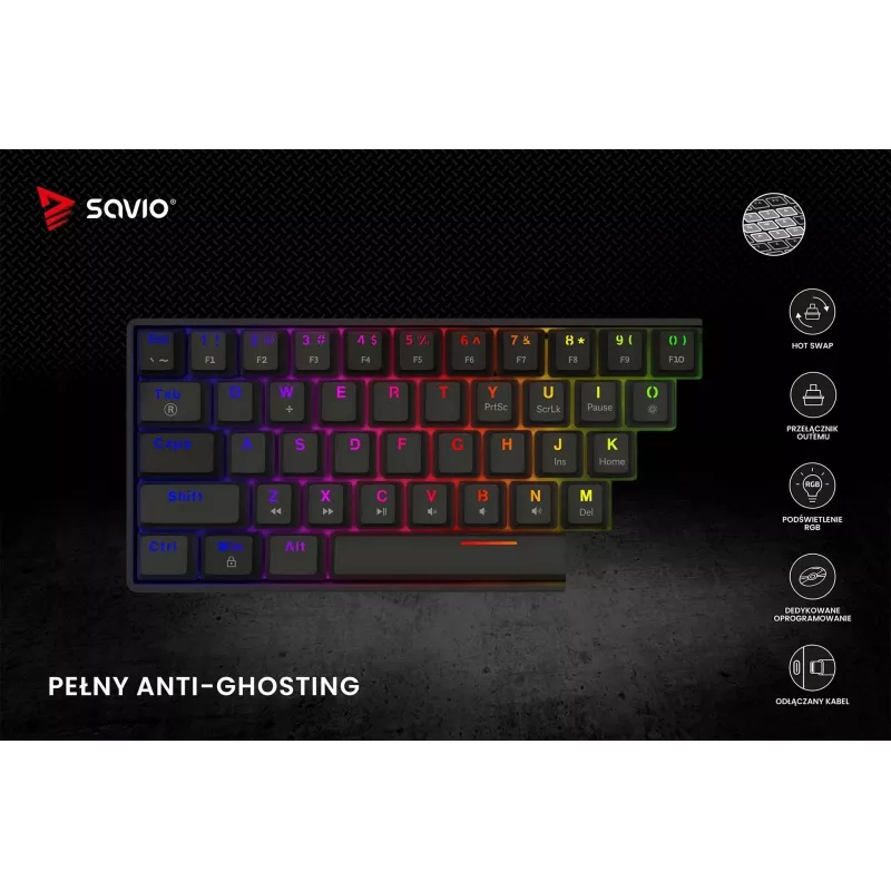 Mechaniczna klawiatura gamingowa SAVIO CzarnyOUT X2 BROWN 61-klawiszowa 60% USB QWERTY RGB Outemu Brown