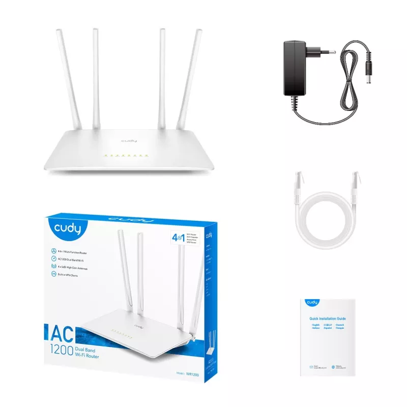 Router stołowy Cudy WR1200 Dwuzakresowy Wi‑Fi 5 (802.11ac) 867 Mbit/s, 4x RJ‑45 LAN, Biały