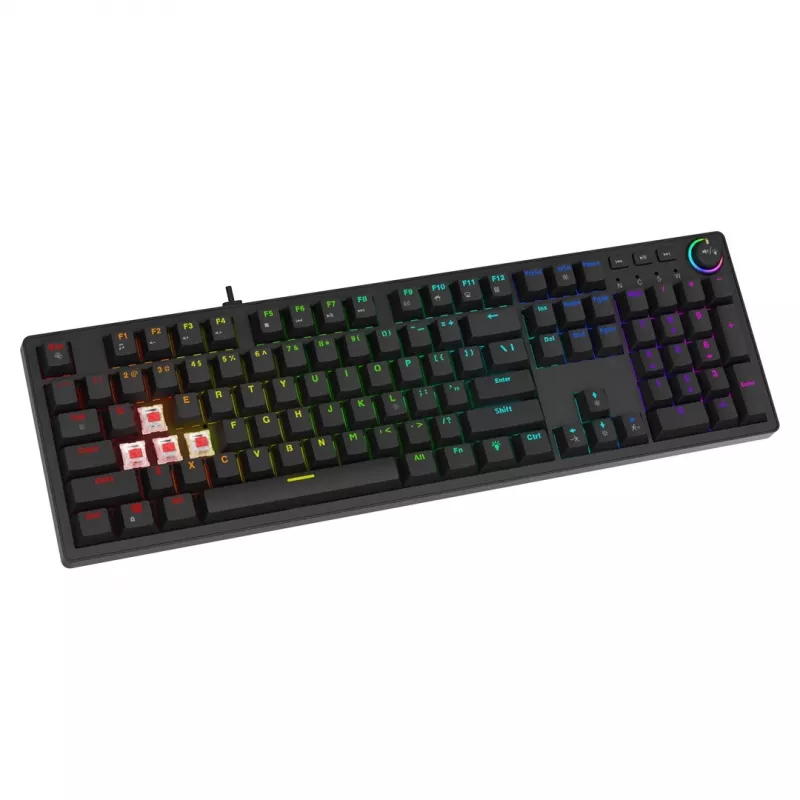 Klawiatura gamingowa SAVIO STYX BROWN — mechaniczna Outemu Brown, QZERTY US International, RGB, USB, pełnowymiarowa 104 klawisze, czarna