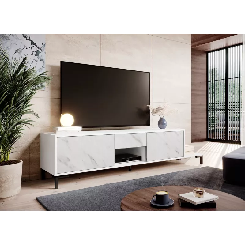 Szafka RTV Cama Meble MARMO 2D1S1K, 195x40x47,5 cm, biała mat/top marmur biały