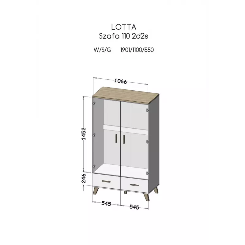 Szafa cama meble LOTTA 2D2D, 2-drzwiowa, rama w dębie Wotan, matowe czarne fronty, 1100×550×1900 mm