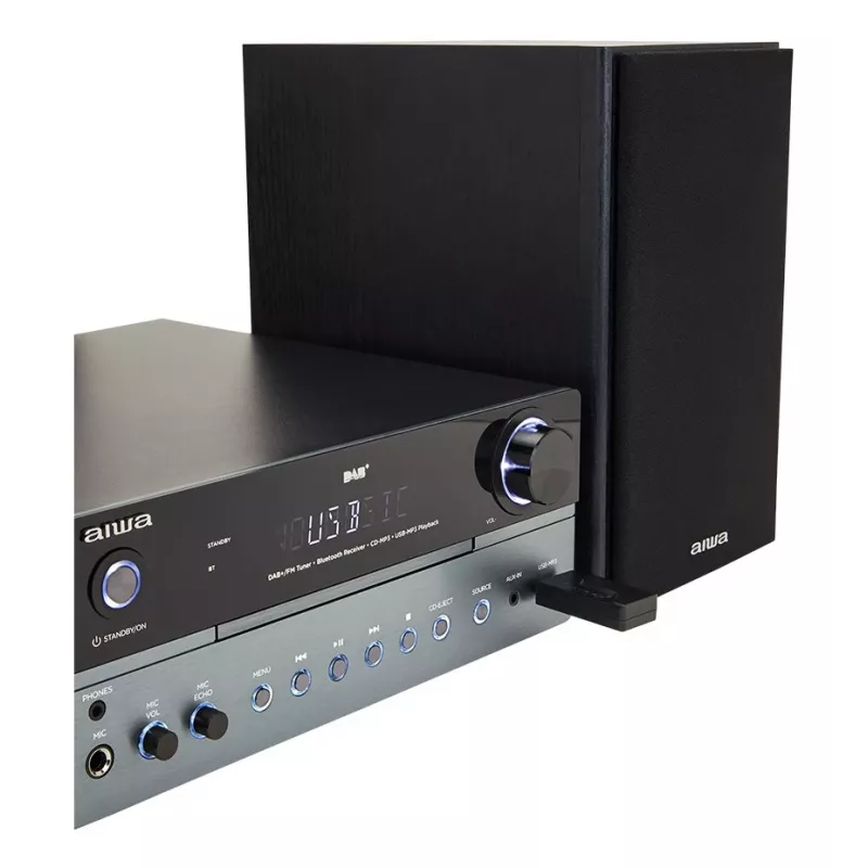 Domowy system audio mikro Aiwa MSBTU-700DAB — 25 W RMS, DAB+/FM, Bluetooth 10 m, CD w tacce, wyświetlacz LED, czarny/arktyczny niebieski