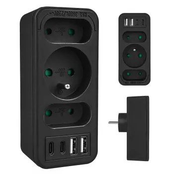 Rozgałęźnik zasilania MACLEAN MCE248 F/B — 3 gniazda AC (1x16A, 2x6A) i 4 porty USB (2xUSB‑A, 2xUSB‑C PD 20W), wtyczka EU, czarny