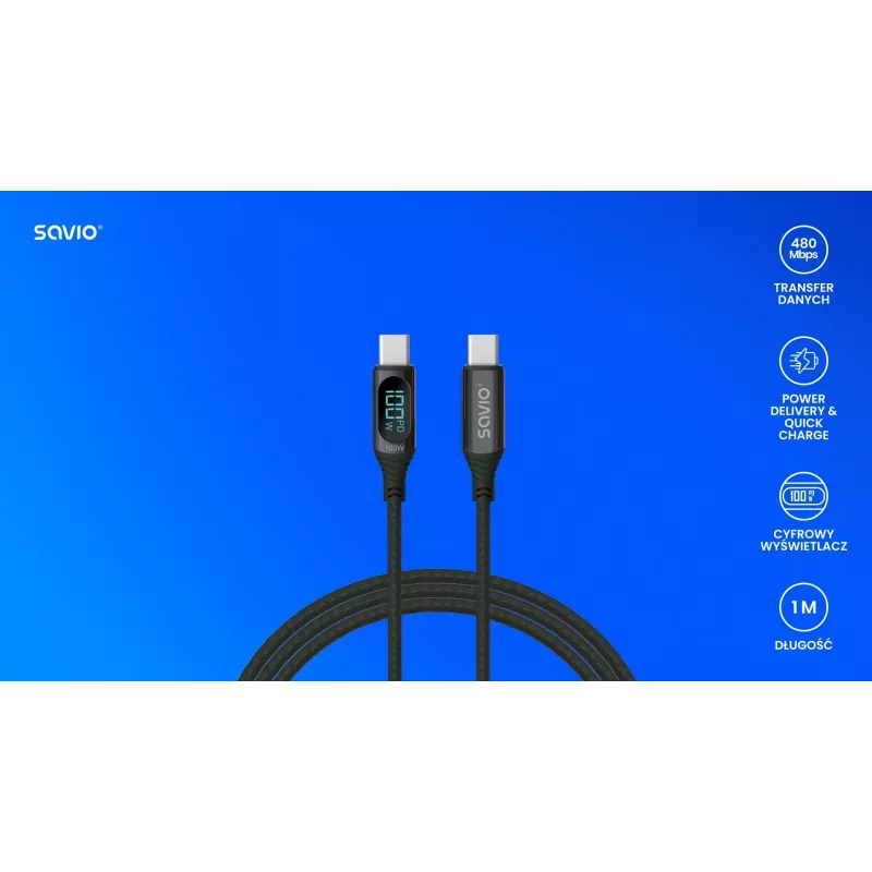 Kabel Savio USB-C - USB-C CL-174 1m czarny USB 3.2 Gen 1