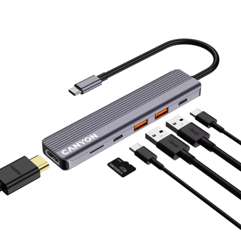 Koncentrator USB typu C CANYON DS-17 — HDMI, USB 3.2 Gen 1 A, USB-C, MicroSD, 10000 Mbit/s, szary