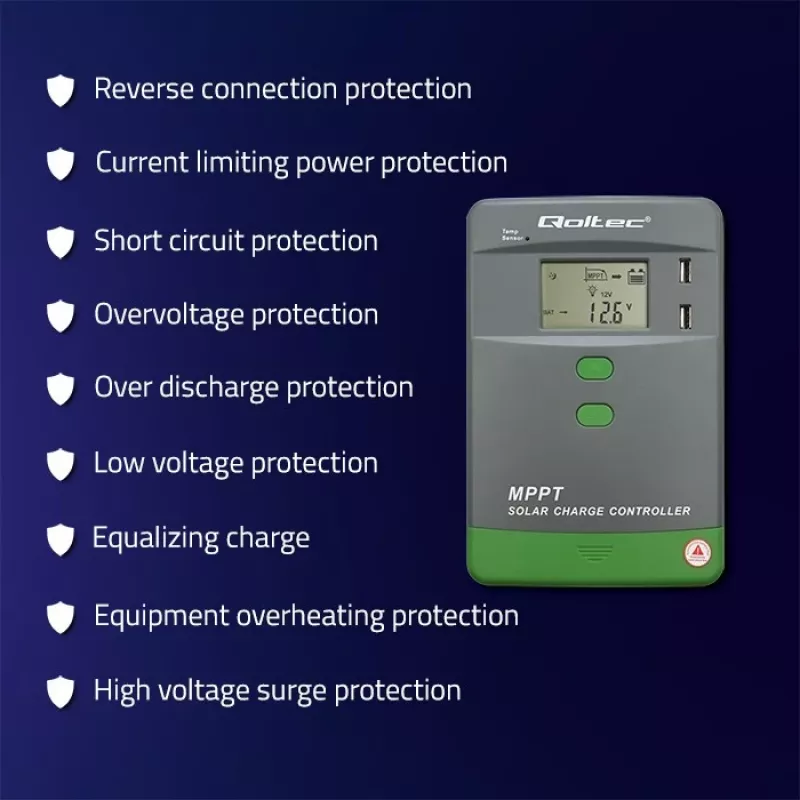 MPPT Solar Charge Controller QOLTEC 10A do systemów 12 V/24 V z wyświetlaczem LCD