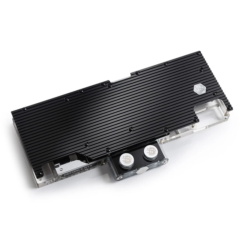 Blok wodny i backplate do GPU BitsPower BP-VG3090EVXC3 — akryl, miedź, stal chromowo-niklowa, 125,4×263,7×25 mm
