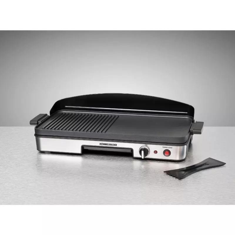 Elektryczny grill stołowy Rommelsbacher BBQ 2003 — 1900 W, 50×25 cm, ryflowana + Teppanyaki, regulowany termostat, srebrny/czarny