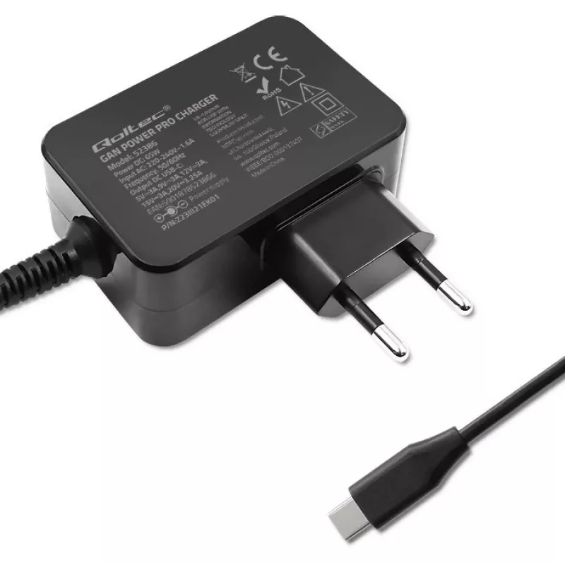 Qoltec 52386 GaN POWER PRO ładowarka | 1xUSB-C | 65W | 5-20V | 3-3.25A | Czarny