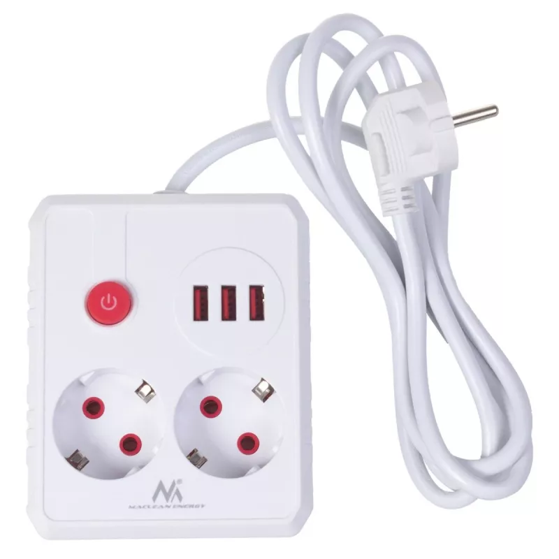 Listwa zasilająca MACLEAN MCE387 W — 2 gniazda, 3×USB A, 110–240V, 2500W, kabel 1,5 m, biała