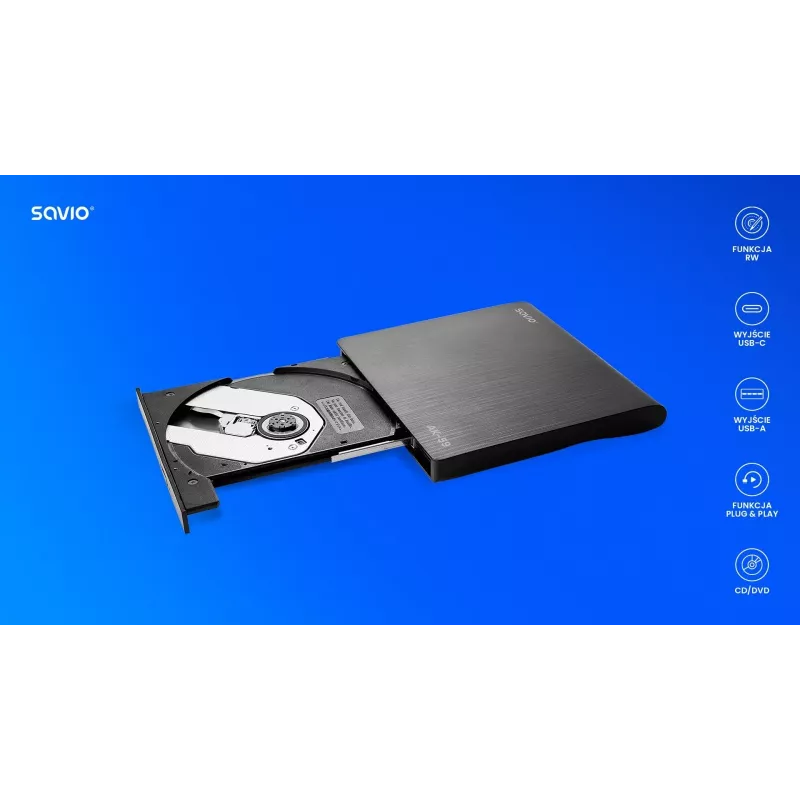 SAVIO AK-59 Zewnętrzna smukła nagrywarka CD/DVD R/RW - USB-C/USB-A, czarny