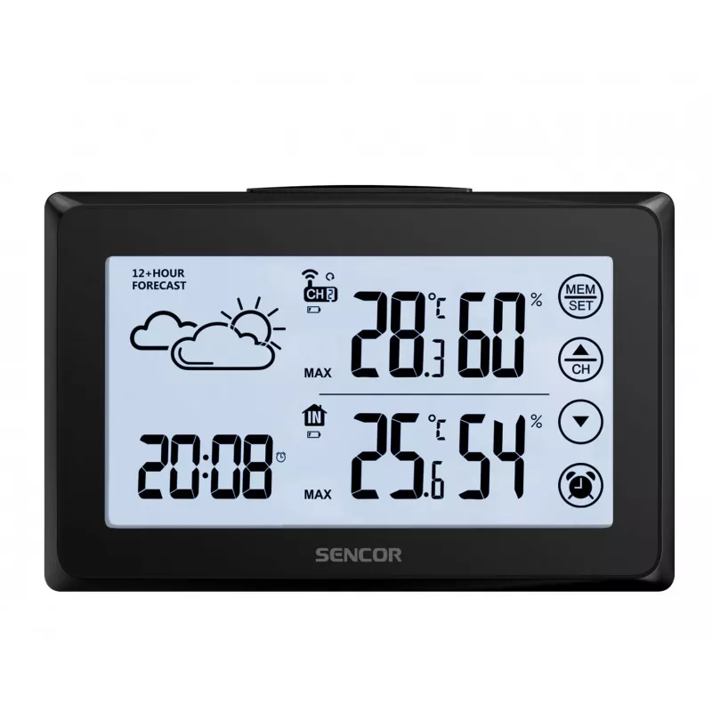 Stacja pogodowa SENCOR SWS 2850 — temperatura i wilgotność wewnątrz/na zewnątrz, 1 czujnik bezprzewodowy, 433,92 MHz, pamięć min/max