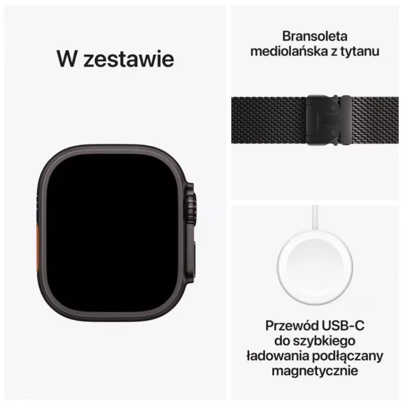 Smartwatch Apple Watch Ultra 3 GPS + Cellular 49mm Czarna Tytanowa Koperta z Czarną Tytanową Pętlą Milanese Średnia