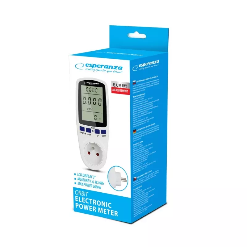 Miernik zużycia energii ESPERANZA ELA103 z wyświetlaczem LCD — 16 A, 3680 W, 230 V, 50–60 Hz