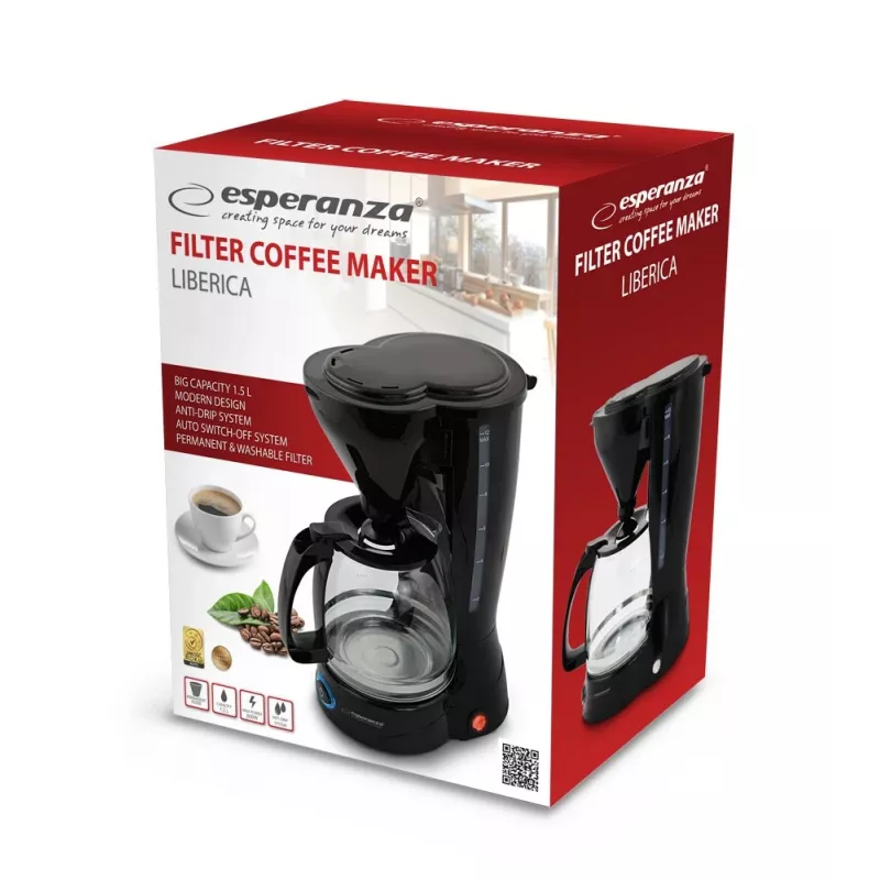 Ekspres przelewowy ESPERANZA EKC009, zbiornik na wodę 1,5 l, 800 W, nablatowy, czarny