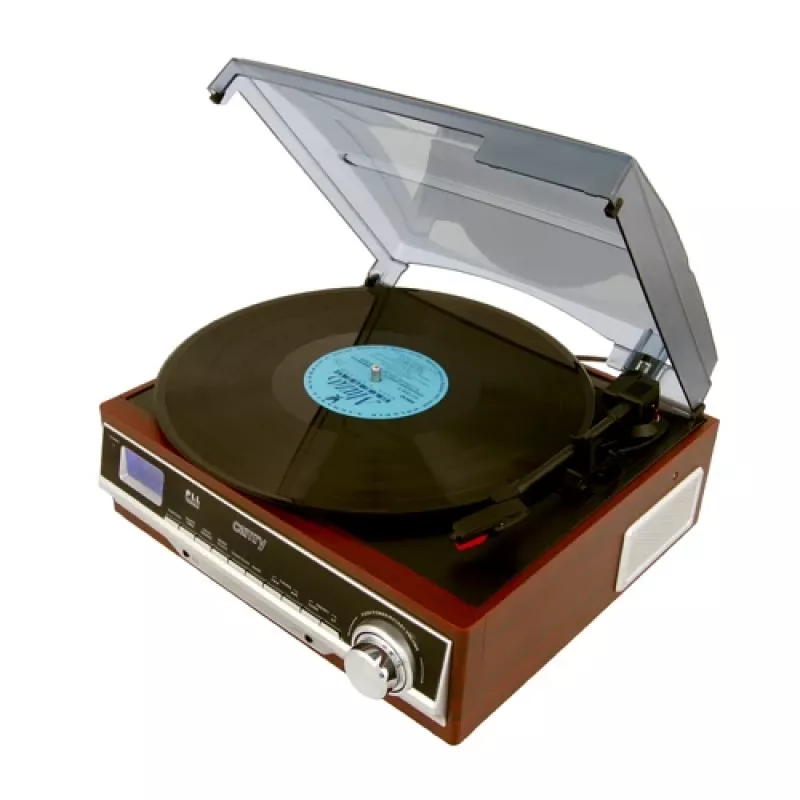 Gramofon audio Camry CR 1168 — czarny z wykończeniem drewnopodobnym, 33/45 obr./min, wbudowane głośniki, wyjście RCA