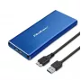 Obudowa SSD QOLTEC 51832 — zewnętrzna M.2 SATA, USB 3.0, do 2 TB, niebieska, obsługuje dyski 30 mm, 4 gniazda