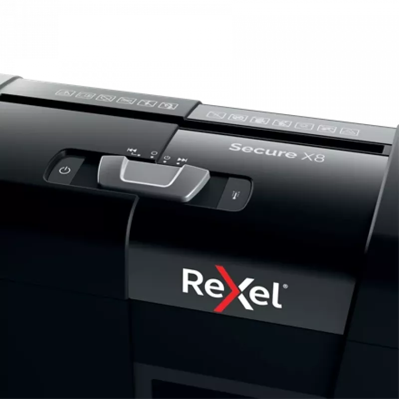 Niszczarka papieru REXEL Secure X8 — cięcie krzyżowe P-4, 4x40 mm, pojemność 8 arkuszy, kosz 14 l, czarna