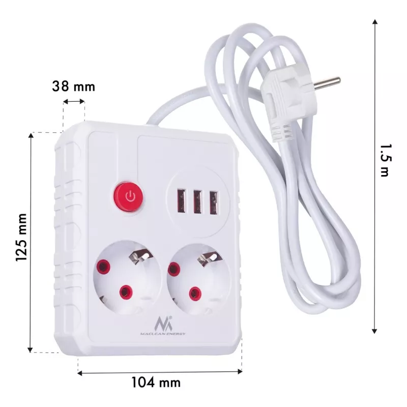 Listwa zasilająca MACLEAN MCE387 W — 2 gniazda, 3×USB A, 110–240V, 2500W, kabel 1,5 m, biała