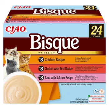INABA Ciao Bisque zupa krem przysmaki dla kotów, z kurczakiem, wołowiną i rybą, 24 x 40 g