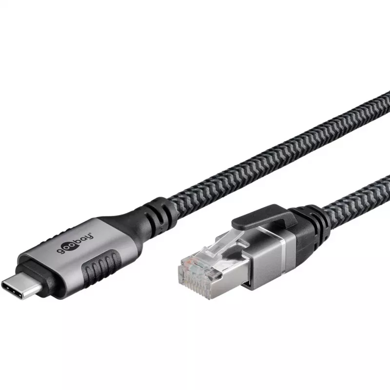 Wentronic goobay - Kabel sieciowy - 24-pin USB-C (M) do RJ-45 (M) - 1,0 m - 6 mm - FTP - CAT 6 - USB 3.1 - kabel pleciony - Czarny, Srebrny (70696)