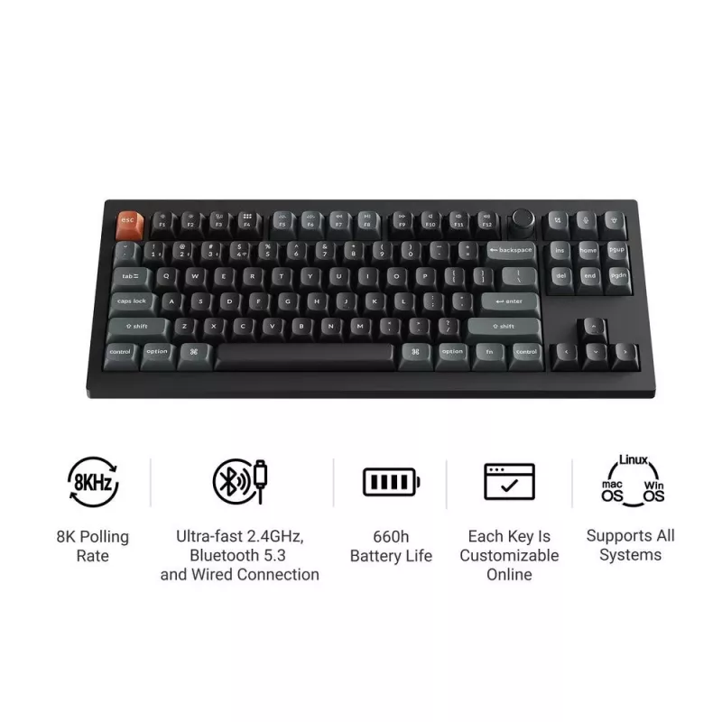 Klawiatura mechaniczna Keychron V3 Ultra 8K — QWERTY, Bluetooth i przewodowa, RGB, czarna