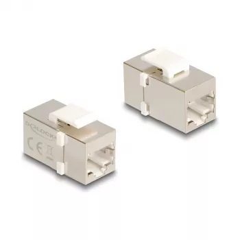 Moduł keystone DELOCK 90637 — płaski RJ-45, srebrno-biały, 16,1×29,9×20,7 mm