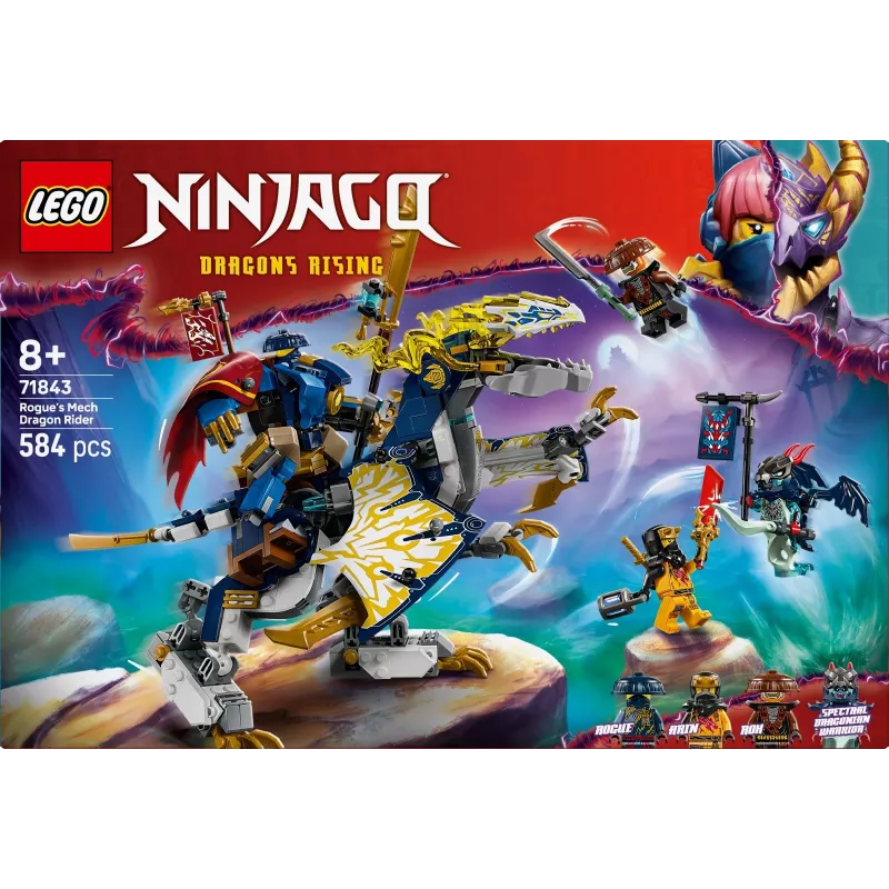 LEGO NINJAGO set 71843 Rogue’s Mech Dragon Rider — 584 szt., 4 minifigurki, wysokość modelu 190 mm