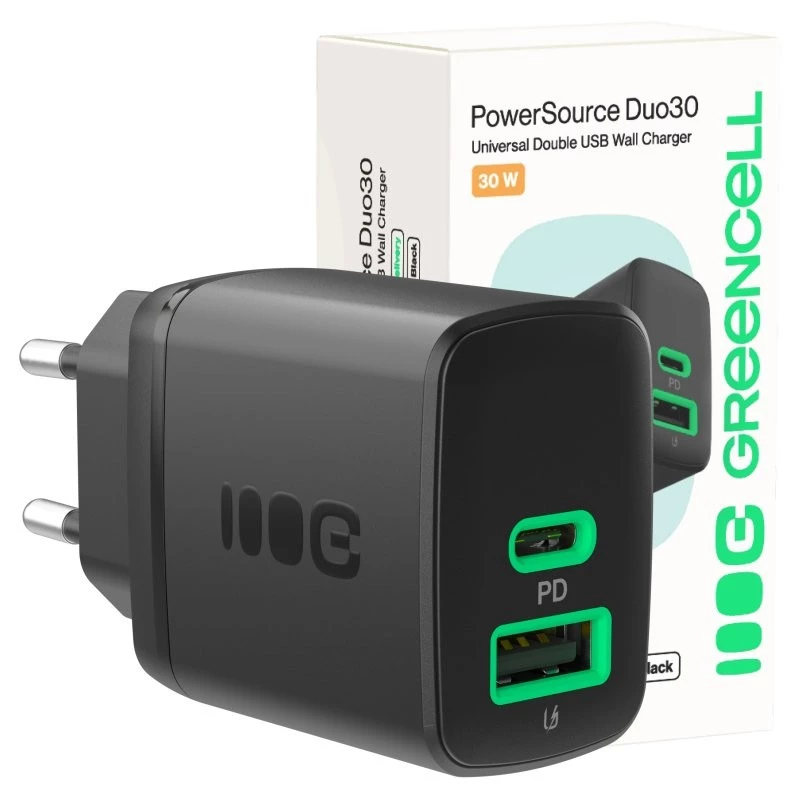 Ładowarka zielony Cell PowerSource Duo30 – 1× USB-A, 1× USB-C, 3A