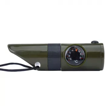 Wielofunkcyjny gwizdek survivalowy Mil-Tec SP.22073 — 6-w-1 oliwkowy, kompas, termometr, lusterko, lupa, światło, 100×35×30 mm