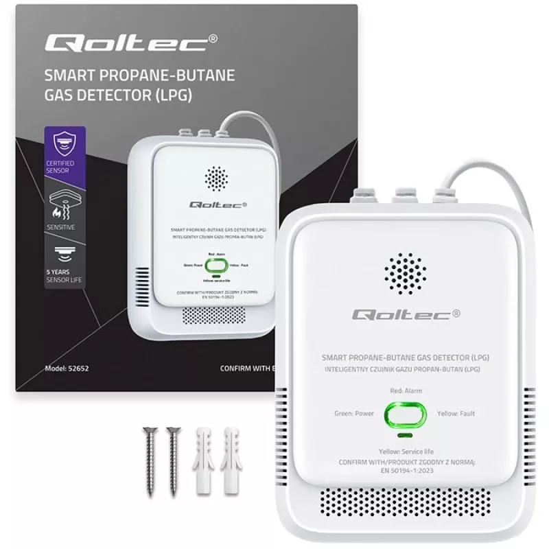 Czujnik gazu QOLTEC 52652 — detektor propanu/butanu (LPG), alarm 85 dB, wskaźnik LED