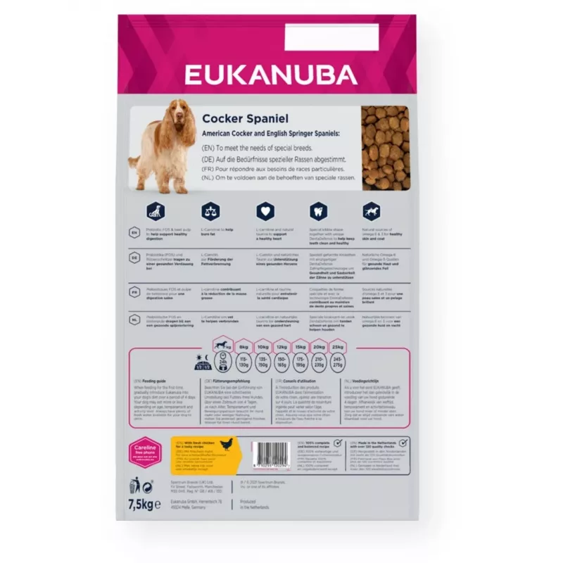 sucha karma dla psa EUKANUBA Breed Specific Cocker Spaniel 7.5 kg — Kurczak, Dorosły, Skóra i Sierść, Wsparcie Serca